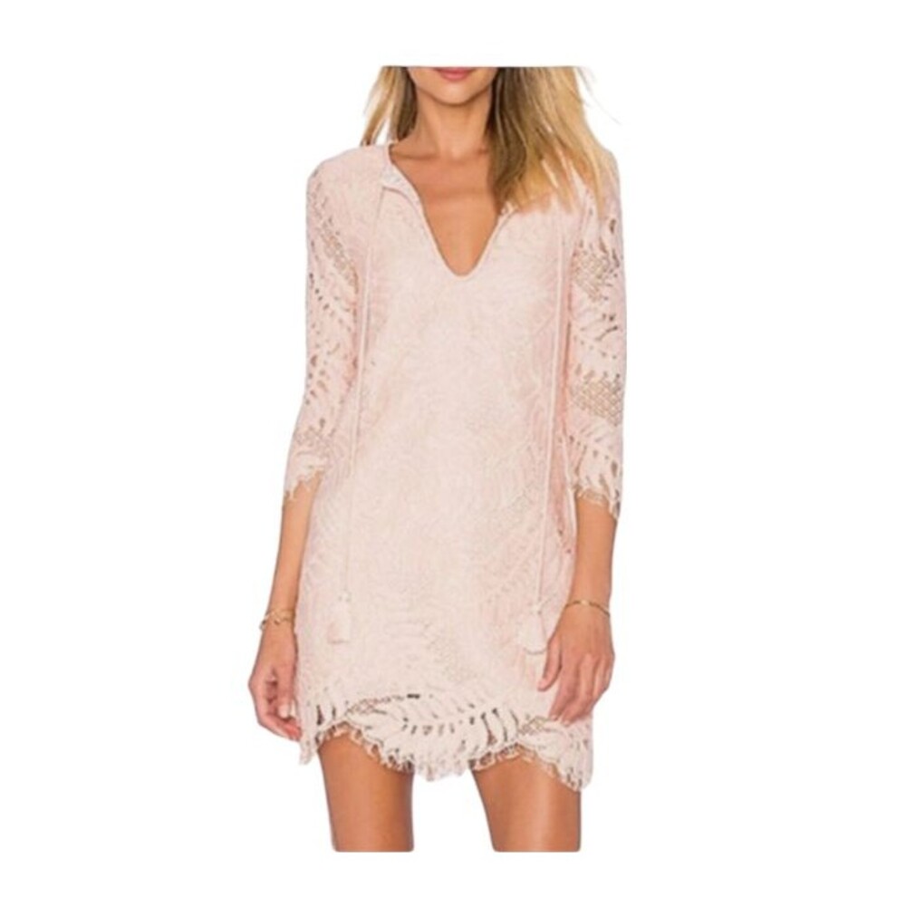 Lovers + Friends Revolve Pink Marlie Dress Size M 3/4 Sleeve Lace Mini Fringe
